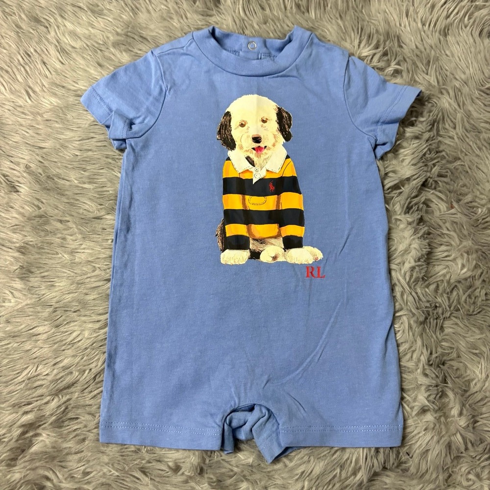Polo Ralph Lauren Dog Romper Light Blue Baby Boy Size 3 Months